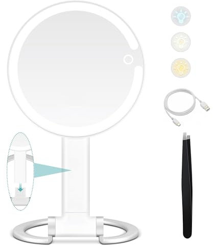B Beauty Planet Vanity Mirror with Lights, 1x/20x Double-sided Magnifying Mirror with Light, 2000mAh Rechargeable Adjustable 3 Colour Lights Touch Switch Control, Foldable Lightweight for Travel