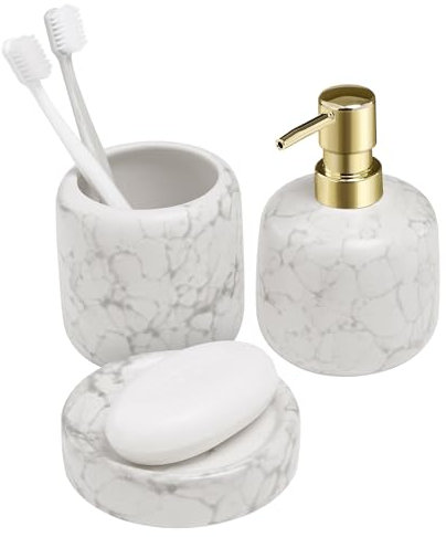 Navaris Set da Bagno Accessori Completo Bianco - Include Portasapone Liquido Porta Sapone e Porta Spazzolini - Kit Bagno Moderno - in Ceramica Effetto Marmo - Design Antiscivolo