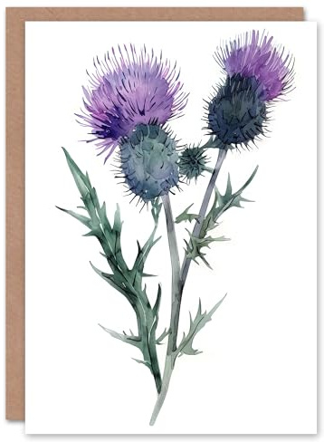 Artery8 Greeting Card Two Scottish Thistle Flower Blooms Watercolour Blank For Him Or Her Art Birthday Card