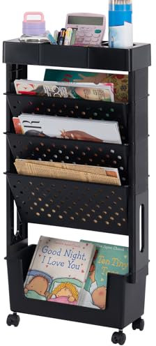 DOEWORKS Mobile Bookshelf with Wheels Book Trolley Small, Book Storage Trolley Cart 5-Tier Rolling Bookcase, Mobile Bookshelf trolley Slim Bookcase for Living Room Bedroom Office Library, Black