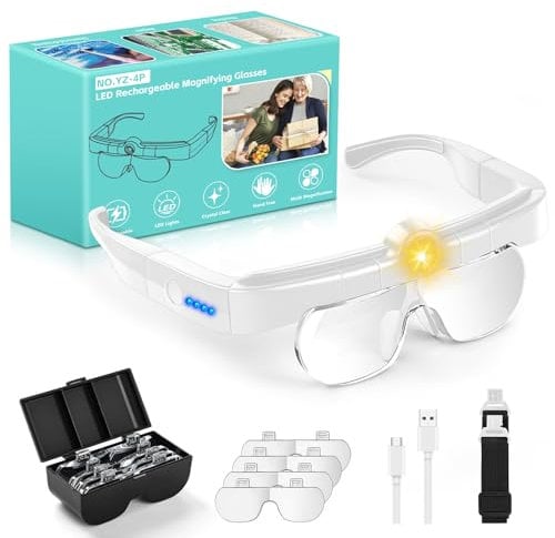 NZQXJXZ Magnifying Glasses with LED Light & 3 Color Temperatures, Rechargeable Hands-Free Headband Magnifier with 1.5X 2.5X 3.5X 5X Interchangeable Lenses for Hobby, Crafts,Watch Repair