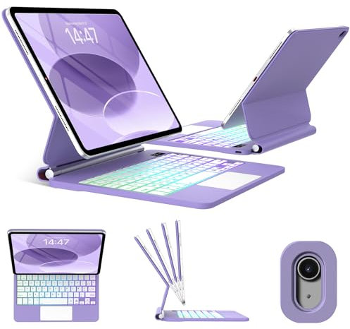 FOGARI Clavier pour iPad A16 11'' 2025/iPad 10 ème Génération (2022) - AZERTY Français avec Pavé Tactile, Fixation Magnétique, Rétroéclairage 7 Couleurs, Coque Clavier Ultra-Fine, Violet