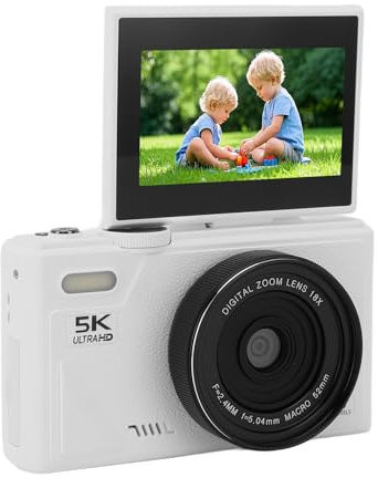 5k Digitalkamera für Fotografie, 75MP Vlogging -Kamera für YouTube, 18x Zoom Autofokus Kompaktes Reisen Camara mit 3 180 ° Flip -Bildschirm (White)