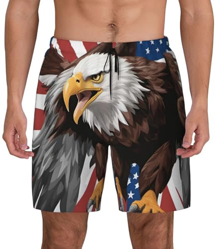 Adler mit USA-Flagge, schnelltrocknende Netz-Strand-Shorts, Herren-Badehose, Badehose für Herren, Schwimmen, Surfen, Schwarz , L