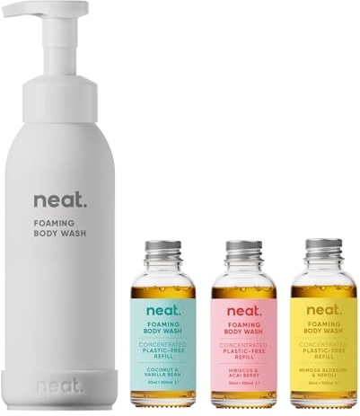 Neat Foaming Body Wash Kit, 500ml Bottle + 3 x 50ml Refills, 3 Scents | Includes a reusable 500ml foaming bottle and 3 x 50ml refills in three scents, dermatologically approved for skin.