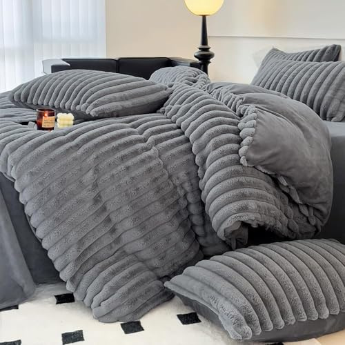 Plüsch Bettwäsche 200x200 Grau Gestreift Winter Warm Shaggy Cashmere Touch | Winterbettwäsche Set, Kuschel Fleece Flanell Kunstfell, Flauschige Biber Bettbezug und 2 Kissenbezug 80x80 mit Reißverschluss
