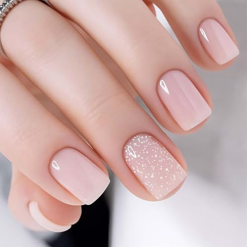 24PCS Pink Snow Crystal Short Square Press On Nails with Jelly Adhesive Tabs – Glossy Pink Nude Fake Nails with White Glitter Accents, Full Cover Stick On False Nails for Women