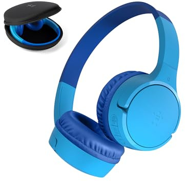 Belkin SoundForm Mini Kids Wireless Headphones with Built-In Microphone, 30H of Playback Time, & Fun Stickers - Over-Ear Headsets for Online Learning, School, Travel, iPhone, iPad, Galaxy - Blue