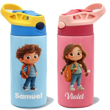 callie Botella Agua Niños Personalizada Dibujos Animados, Termo Acero Inoxidable 350ml Pajita, Regalo Infantil