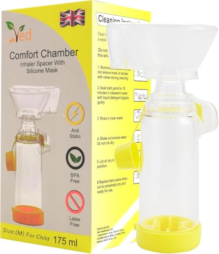 Espaciador de inhalador antiestático, cámara de inhalador, para usar con inhalador de dosis medida, sin BPA ni látex, apto para niños (amarillo) (paquete de 2)