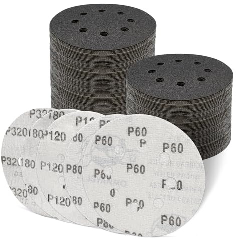 50 Pièces Disque de Ponçage 125mm, 8 Trous Grain Mixte 60/80/120/180/320 | Auto-Agrippant Papier à Poncer pour Ponceuses Excentrique