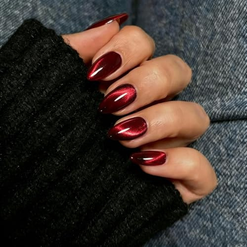 SXVME Press On Nails Short Almond - Wine Red to Black False Nails Short Stiletto, Glitter Cat Eye Fake Nails Set, Reusable Cute Dark Gel Glue On Nails with Color-Shifting Glow, 30 Pcs