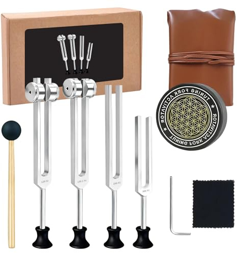Tuning Forks Set - 128Hz, 136Hz, 256Hz, 384Hz, Chakra & Body Tuning Forks Kit with Activator and Pouch, for Meditation, Relaxation & Energy Balance