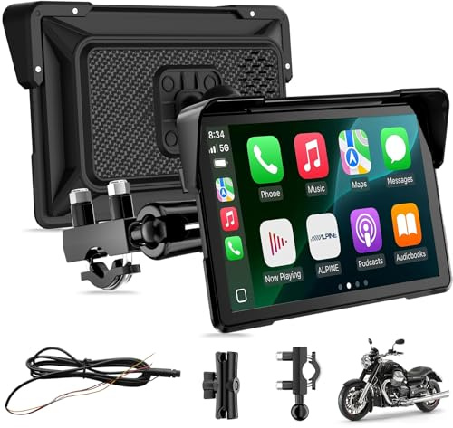Pantalla CarPlay Moto 7, IPX67, Bluetooth Dual, GPS, Compatible con TPMS | Soporta Control por Voz, Pantalla Táctil HD, Conexión Inalámbrica, Conexión Rápida
