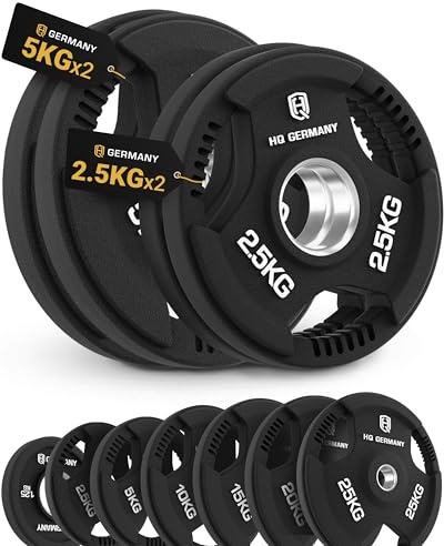 HQ Germany® Hantelscheiben 50mm [Tri-Grip Design] - Gewichte 1,25-25kg | 100% Gusseisenkern, PVC-Gummierung, drei ergonomische Griffe, ±3% kalibriert, Edelstahl-Hülse, auf 5.000 Drops getestet