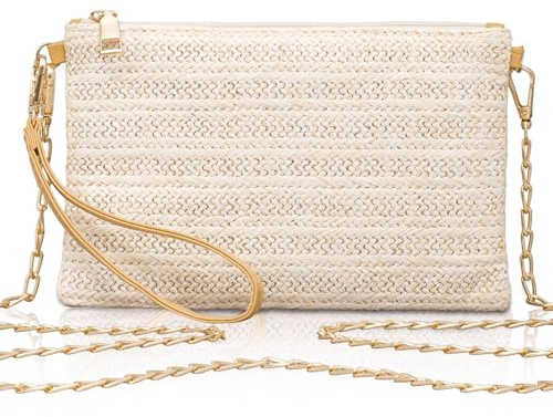 Larcenciel Damen Stroh Clutch, Strandtasche mit Handschlaufe, Elegant Abendtasche mit abnehmbarer Kette, Beige und Weiß Umhängetasche für Hochzeit, Party, Urlaub, 22 x 14.5 x 1 cm
