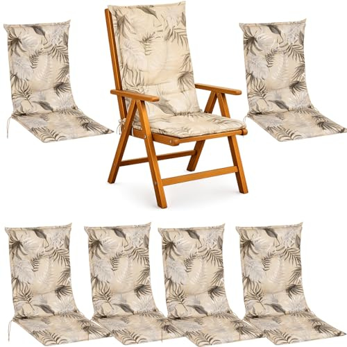 BURI 6X Hochlehner Auflage 117x49x6 cm - wetterfeste Gartenstuhlauflage mit Schaumkern & Vollvlies, Halteband & Bindebänder, bequemes Stuhlpolster für Balkon, Terrasse & Garten (Beige-Blätter)