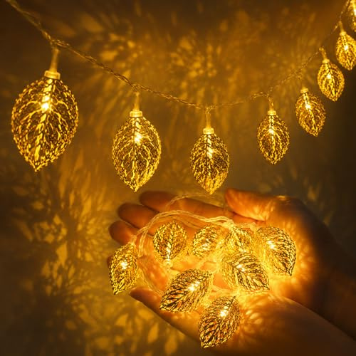 ZingBox LED Metall-Blättern Lichterkette, 1,5M 10 LED Gold Blätter Förmige Wasserdicht, Batterie, Warmweiß Blättern Lichterketten für Weihnachtsbaum Garten Innenhof Herbst Dekoration, Außen & Innen
