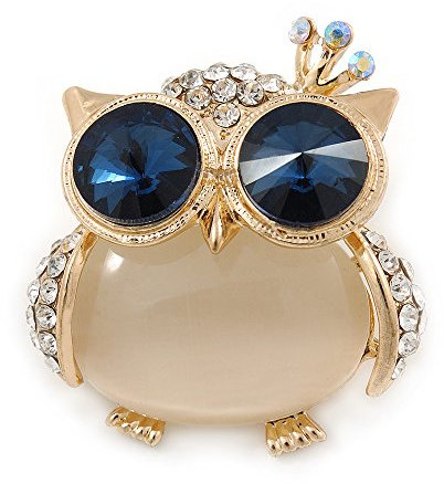 Broche en plaqué or transparent et cristal bleu avec pierre œil de chat chouette – 35 mm L, taille unique, Pas de type de métal, diamante œil de chat