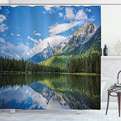 ABAKUHAUS Natur Duschvorhang, Mountain Lake Scenery, Stoffliches Gewebe Badezimmerdekorationsset mit Haken, 175 x 200 cm, Blau Weiß Grün