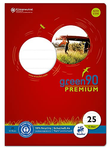 Staufen Green Heft - DIN A4, Lineatur 25 (liniert mit Rand), 32 Blatt, premiumweißes 90g/m² Recyclingpapier, runde Ecken verhindern Eselsohren, 4 verschiedene Motive (keine Auswahl möglich), 1 Stück