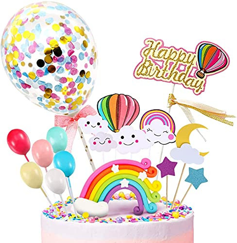 iZoeL Kuchendeko Happy Birthday Tortendeko Geburtstag Cake Topper Regenbogen Konfetti Ballon Cupcake Muffin Deko für Mädchen Junge (Bunt happy birthday)