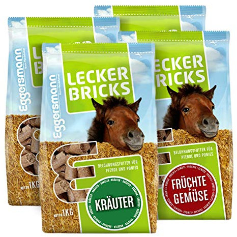 Eggersmann Lecker Bricks 4er Set – Pferdeleckerlis Mix Kräuter & Früchte+Gemüse – Belohnungsfutter Leckerli-Set 4 x 1 kg