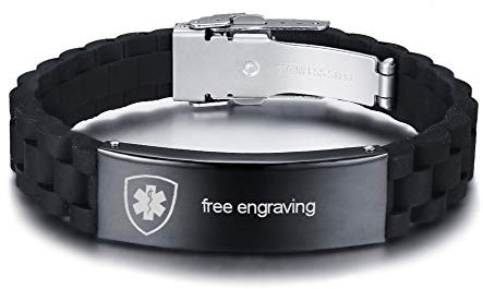 VNOX Personalisiert Anpassen Gravieren von Edelstahl Medizinischer Alarm Armband Medizinisches Silikon Schwarzes Armband für Herren Damen,18-22.5cm Verstellbar.
