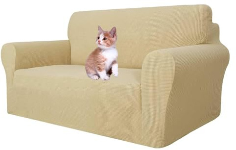 MAXIJIN Super Stretch Couch Bezug für 2-Sitzer Couch, 1-teilige Universal Love Sitzbezüge Jacquard Spandex Sofa Protector Hunde Haustierfreundliche Loveseat Schonbezug (2 Sitzer, Beige)