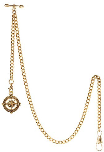 TREEWETO Men's Albert Chain Pocket Watch Curb Link Key Chain 2 Hooks with Antique Compass Pendant Design Charm Fob T Bar