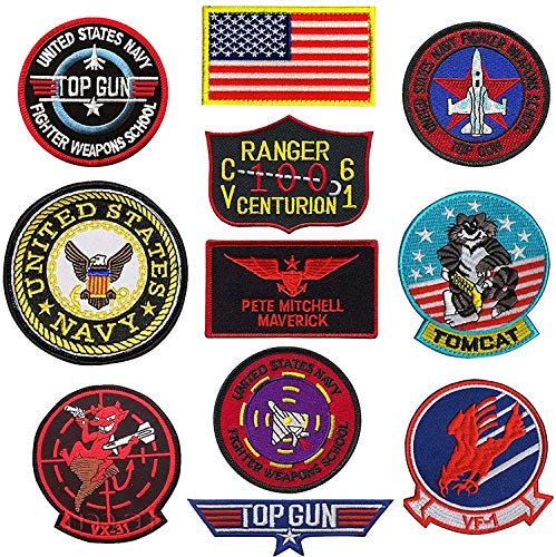Top Gun Patches United Sates Navy Fighter Weapons School American Flag CV-61 USS Ranger 100 Centurion, Tom Cat, Pete Mitchell Maverick, VX-31, VF-1 bestickter Patch Morale Applikationen 11 Stück