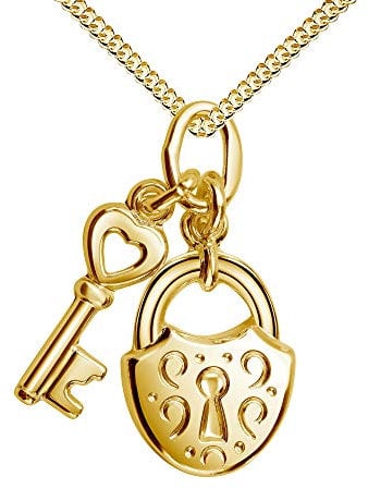 JEVELION Herzschloss und Schlüssel Gold Anhänger 333 Gold 8 Karat für Damen. Mit Panzerkette 40 cm