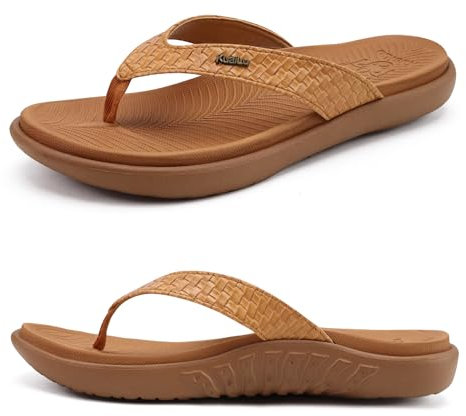 KuaiLu Womens Flip Flops Ladies Yoga Mat Comfortable Walking Thong Sandals with Plantar Fasciitis Arch Support Slip On Indoor Outdoor for Summer, Khaki Size 6.5