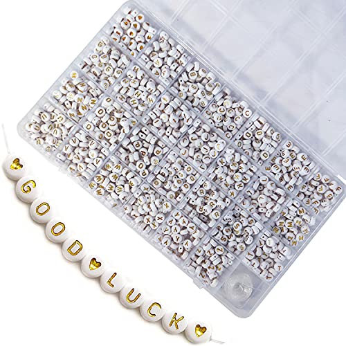 GxAdwzy 1400 Stück Rund Buchstabenperlen Zum Auffädeln 7x4mm Gold Buchstaben A-Z und Herz perlen für Armbänder Schmuck Basteln