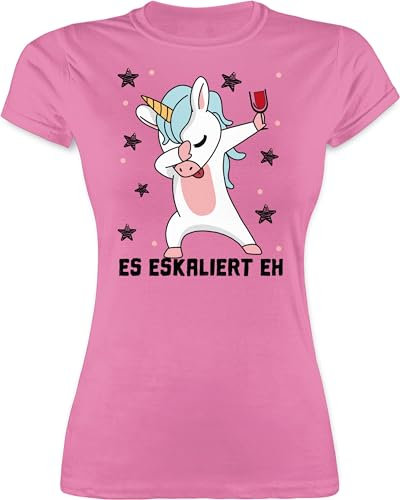 Shirt Damen - Party & Alkohol - Es eskaliert eh Einhorn mit Weinglas - M - Rosa - Mallorca Outfit Partyshirt Sauf Wein Tshirt saufshirt lustiges trinkshirt Alki Malle t-Shirt sprüche