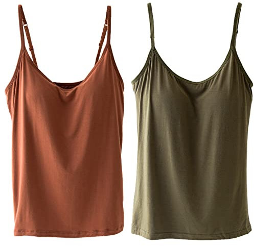 JK Home 2 Pack Women Built in Shelf Bra Vest Top Cami Casual Undershirt, Slim Comfy 2 in 1 Sport Bra Tank, Spaghetti Strap Gym Activewear Camisole Caramel Green L