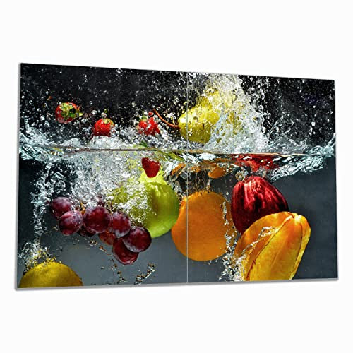 Wallario Herdabdeckplatte/Spritzschutz aus Glas, 2-teilig, 80x52cm, für Ceran- und Induktionsherde, Früchte im und unter Wasser - Splashing Fruits