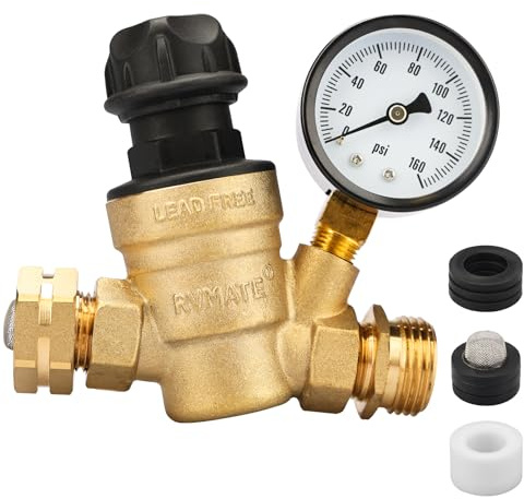 RVMATE Regolatore di pressione dell'acqua per camper con manopola regolabile, kit riduttore di pressione dell'acqua senza piombo in ottone, valvola regolabile con filtro schermo di ingresso, per
