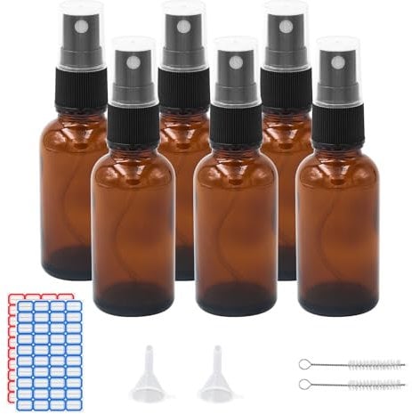 Episkey 6 flaconi spray in vetro, Bottiglie Spray da 30 ml, flacone spray da viaggio riutilizzabile con imbuto e adesivo per profumi, pulizia, oli essenziali, cosmetici e altri liquidi (30ml)