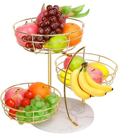 Livabber Fruit Basket Bowl with Banana Hanger, Metal Fruit Vegetable Storage Basket with Banana Holder for Kitchen Counter, Detachable Organizer for Bread Snack Produce (Gold, 3-Tier Marble Base)