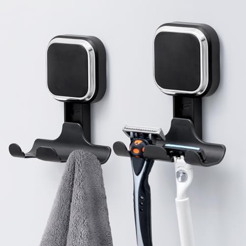 TAILI Saugnapf Rasierklingenhalter für Dusche 2 Pack Vakuum Saug Rasierhaken für Badezimmer, Handtuch, Rasierapparat Aufhänger für Dusche Wand Abnehmbar Wasserdicht Quadratisch Geformt, Schwarz