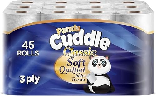 Panda Cuddle Rolls Toilet Tissue 3 Ply – Soft Quilted Toilet Rolls Tissue for Everyday Family Use – Strong & Absorbent Bathroom Paper (Classic, Pack of 45)