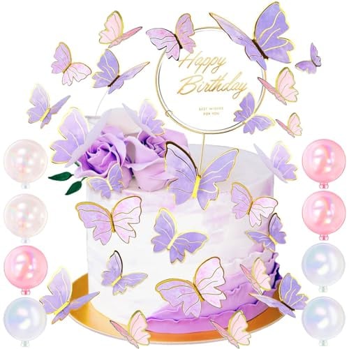 59 Stück Schmetterlinge Kuchen Deko, Tortendeko Geburtstag, Schmetterlinge Deko Torte, Farbe Schmetterlinge Deko Torte Happy Birthday Tortendeko Cake Topper Geburtstag, Für Kinder Mädchen(lila)