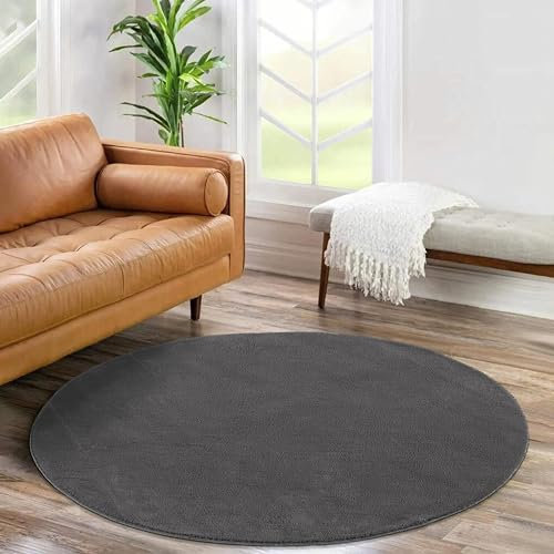 Jimri Flauschiger Teppich Läufer - Hochwertiger Kurzflor für Zuhause, Büro, Küche, Eingang, Flur, Wohnzimmer - Maschinenwaschbar - Rutschfester Teppich Waschbar - 80 cm Rund - Anthrazit