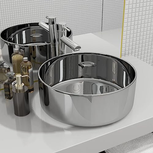 Lavandino 40x15 cm in Ceramica Argento,Lavabo rotondo elegante in ceramica, da appoggio, per bagno, toilette e lavanderia