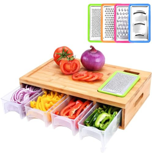 Taylor & Brown Planche à découper en bambou avec 4 récipients, grande planche à découper avec rainures pour jus, poignées faciles à prendre en main et ouverture coulissante pour aliments, planche à