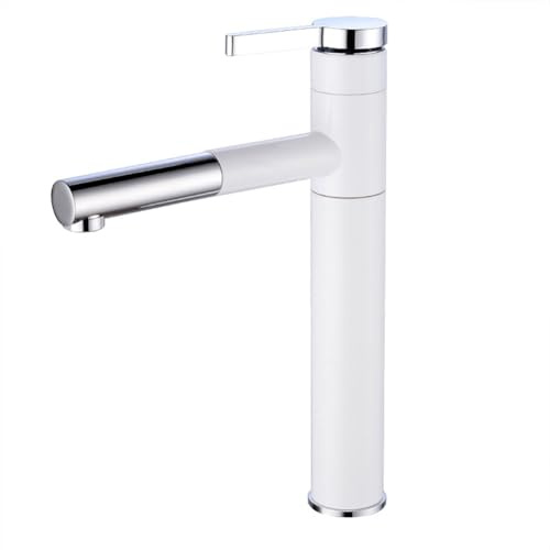 Wasserhahn Bad Waschtischarmatur Hoch Auslauf 360° Drehbar Messing Einhebel Mischbatterie Waschbecken Armatur, Badarmatur Waschtischbatterie Badezimmer, Weiß