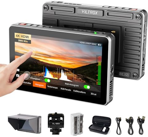 VILTROX DC-X2 2000 Nit Kamera Field Monitor, Touchscreen 6 Zoll 4K HDMI DSLR Kamera Monitor mit Sonnenschutzhaube 2200 mAh Akku, 3D Lut Full HD 1980 x 1080 IPS Focus Peaking Video Monitor für Camera