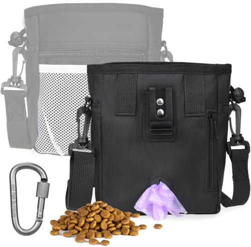 BESPOTCL Leckerlitasche für Hunde, Gassi Tasche Hunde mit Karabiner Bauchtasche für Hundetraining Multifunktionale Futtertasche zum Umhängen mit Kotbeutelspender beim Hundespaziergang (Schwarz)