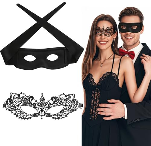 Cosysparks Venezianische maske paar, 2-Pack Schwarz Augenmaske Maskerade Paar maske karneval Halloween Kostüm maskenball masken für Paare Frauen Männer